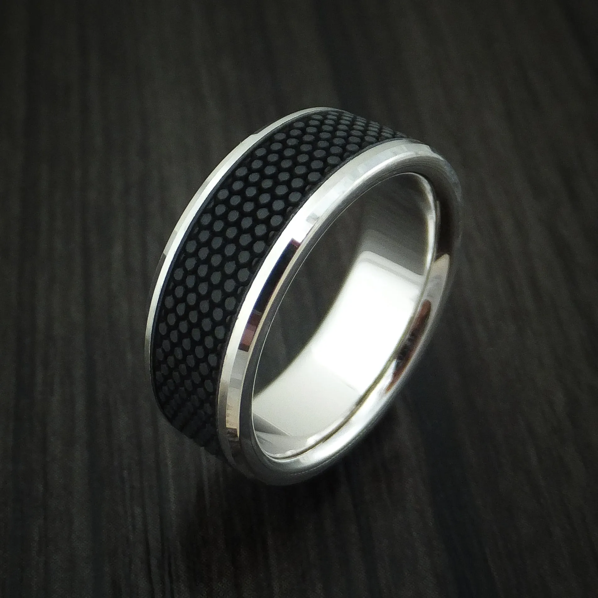 14K White Gold Men's Ring With Patterned Carbon Fiber Custom Made Band