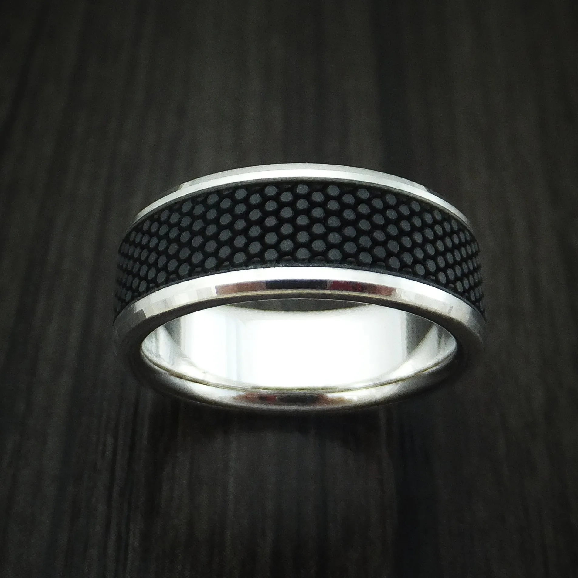 14K White Gold Men's Ring With Patterned Carbon Fiber Custom Made Band