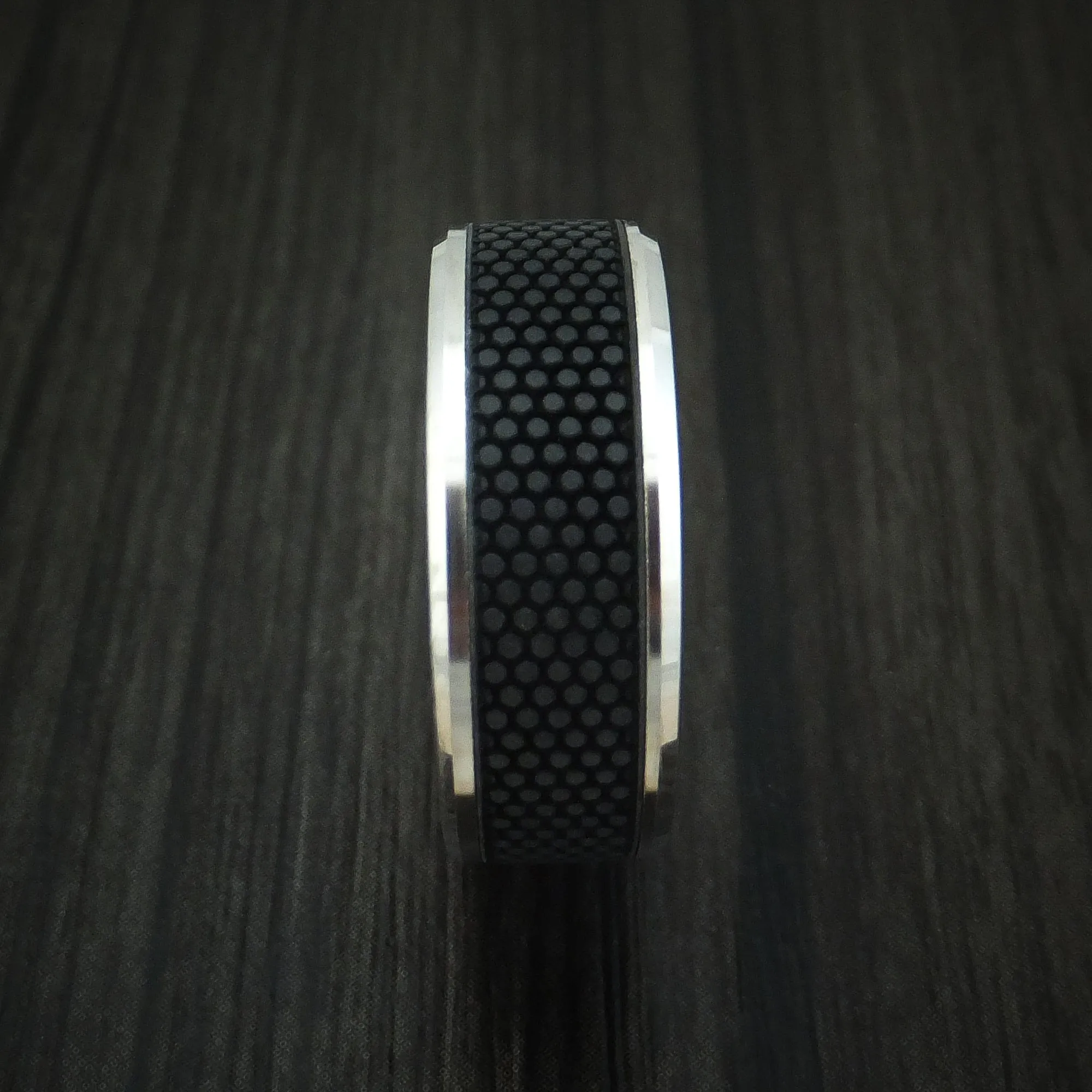 14K White Gold Men's Ring With Patterned Carbon Fiber Custom Made Band