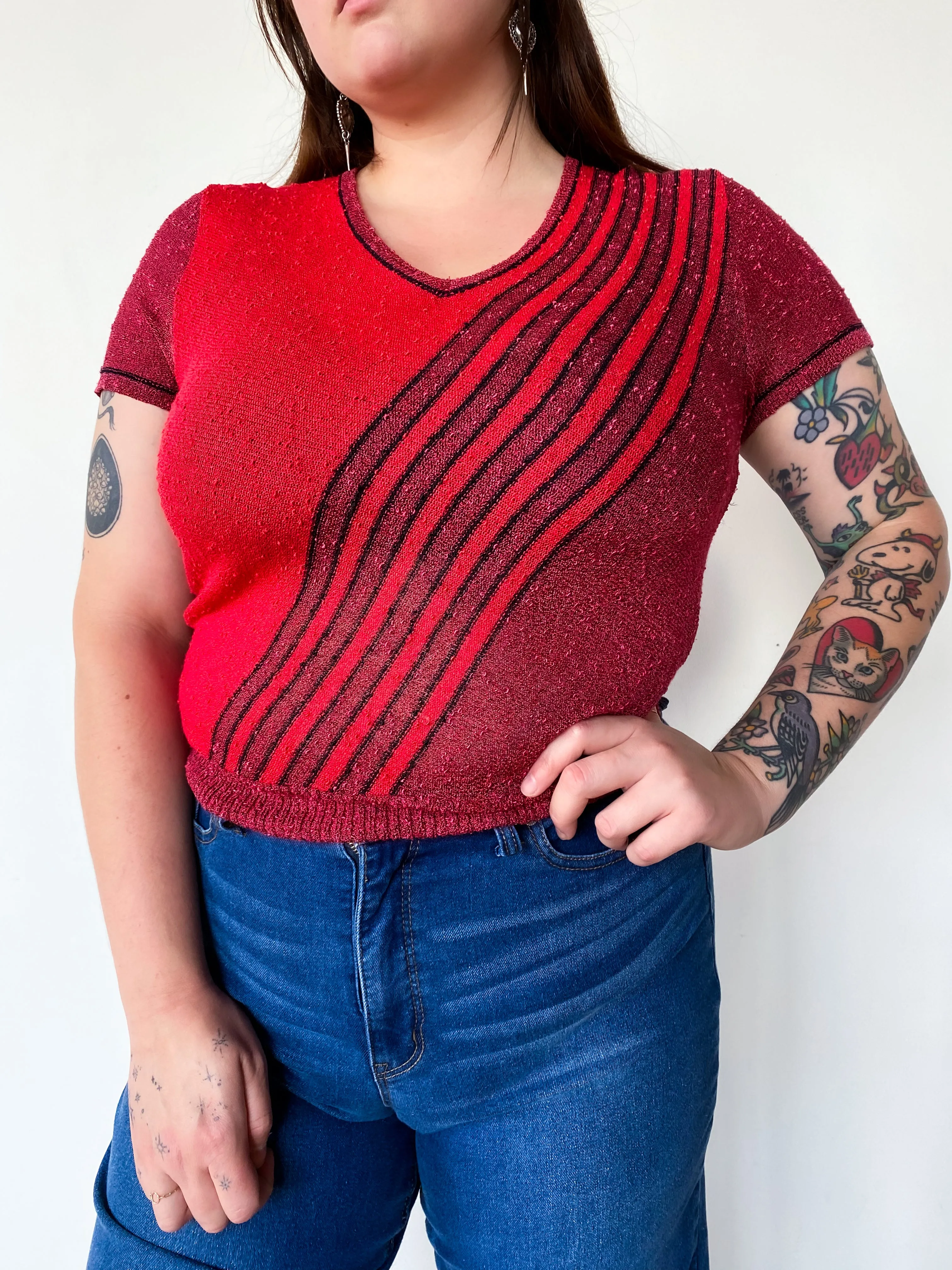 1980s Sheer Stretchy Knit Red Shirt , sz. L-1X