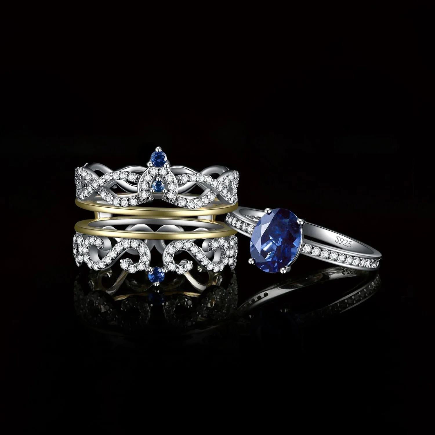 3pcs Luxury Crown Sapphire Ring - 925 Sterling Silver