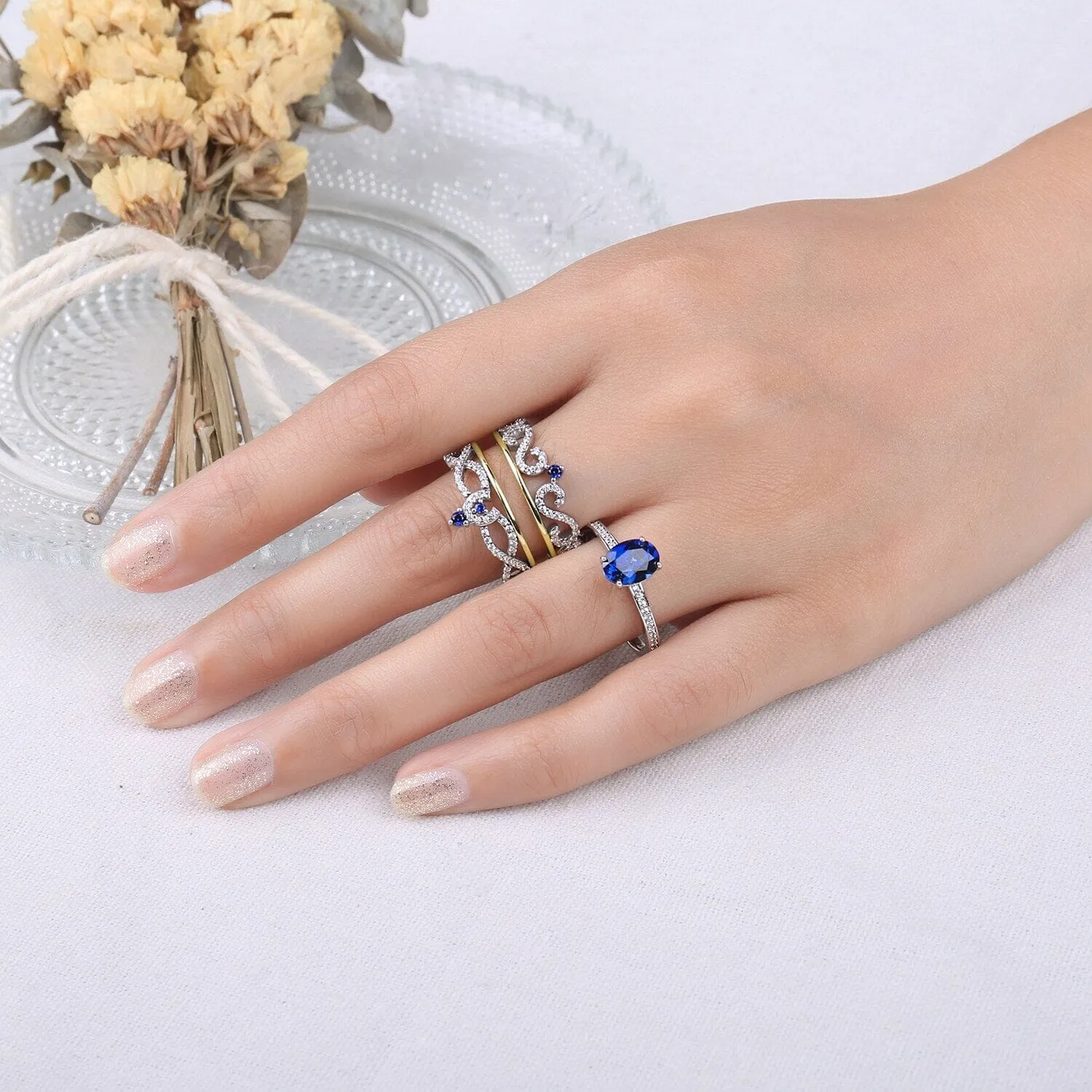 3pcs Luxury Crown Sapphire Ring - 925 Sterling Silver