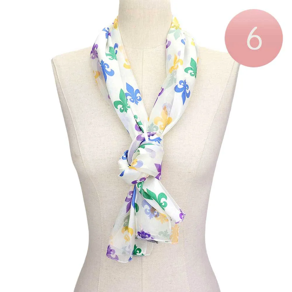 6PCS Silk Satin Mardi Gras Fleur De Lis Patterned Scarves