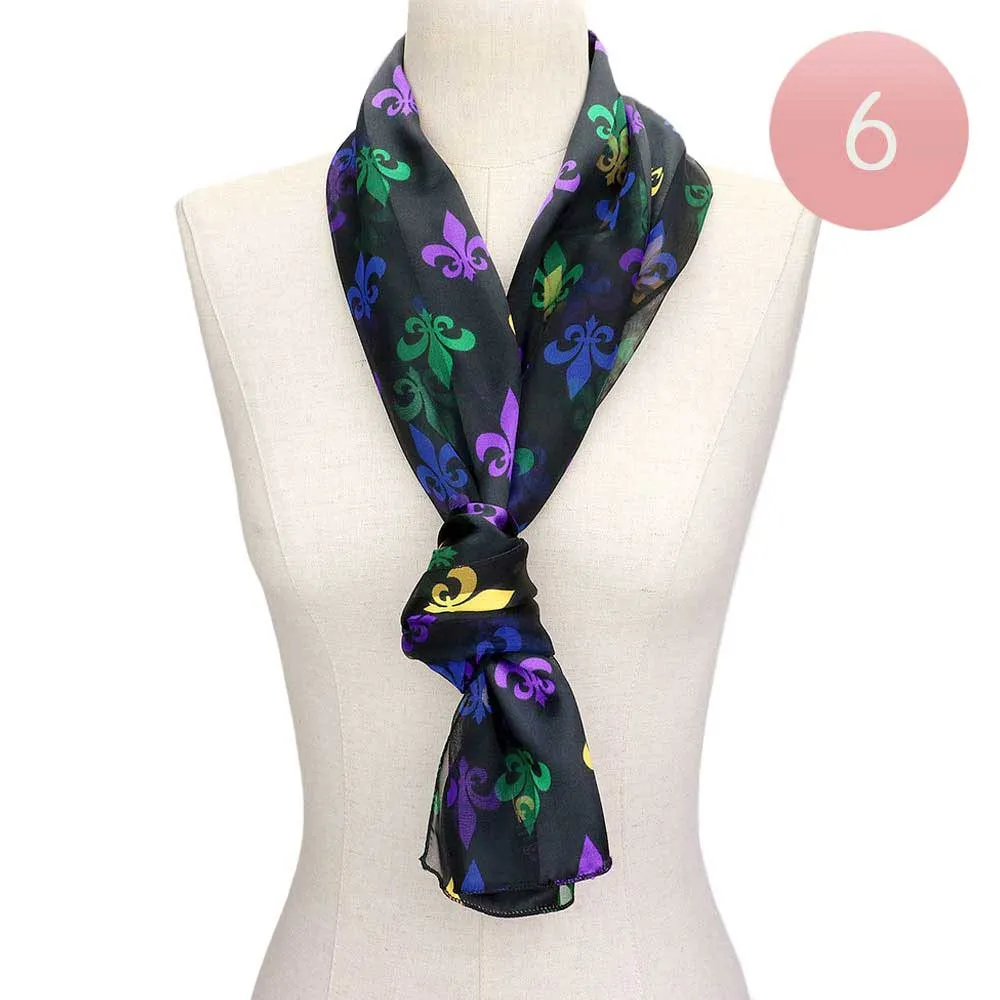 6PCS Silk Satin Mardi Gras Fleur De Lis Patterned Scarves