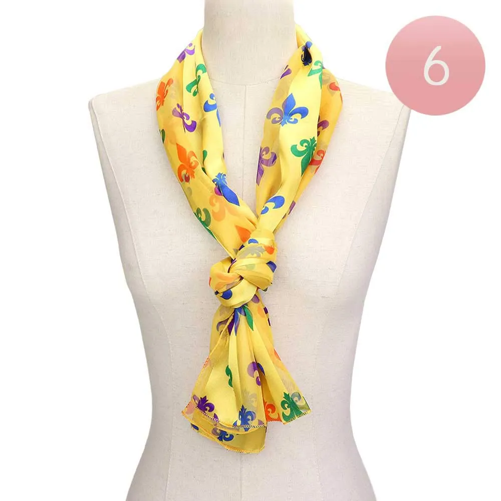 6PCS Silk Satin Mardi Gras Fleur De Lis Patterned Scarves