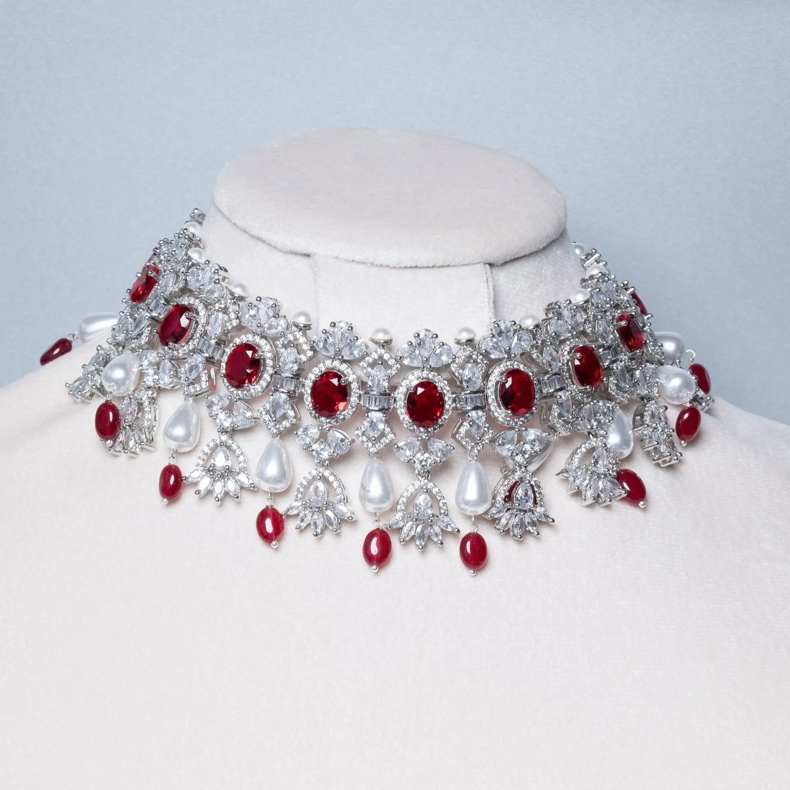 Aarani Pearl & Crystal Ruby Red White Gold Luxury Necklace & Earring Set By Jaipur Rose Luxury Indian Jewelry Online