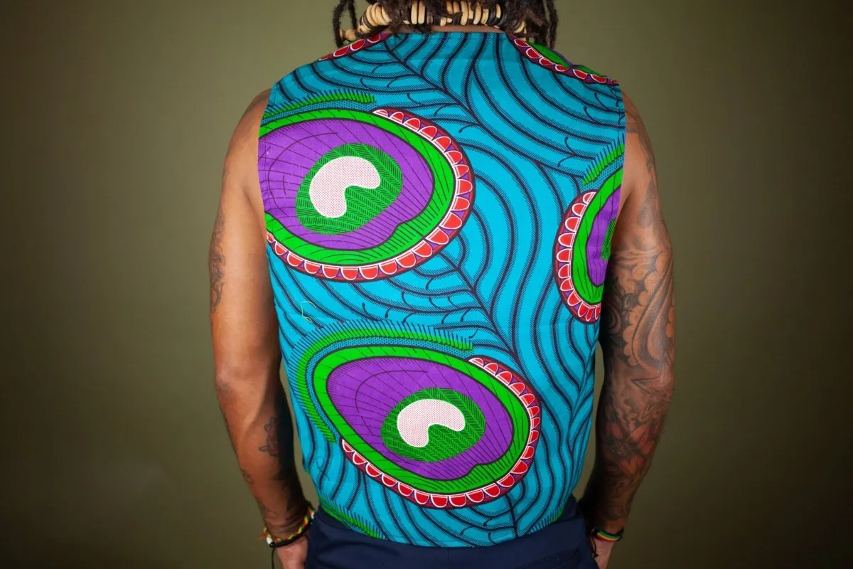 African Waistcoat in Blue Green Ankara - Reversible