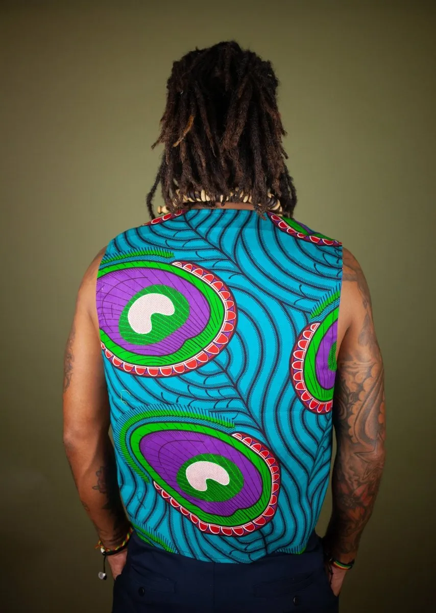 African Waistcoat in Blue Green Ankara - Reversible