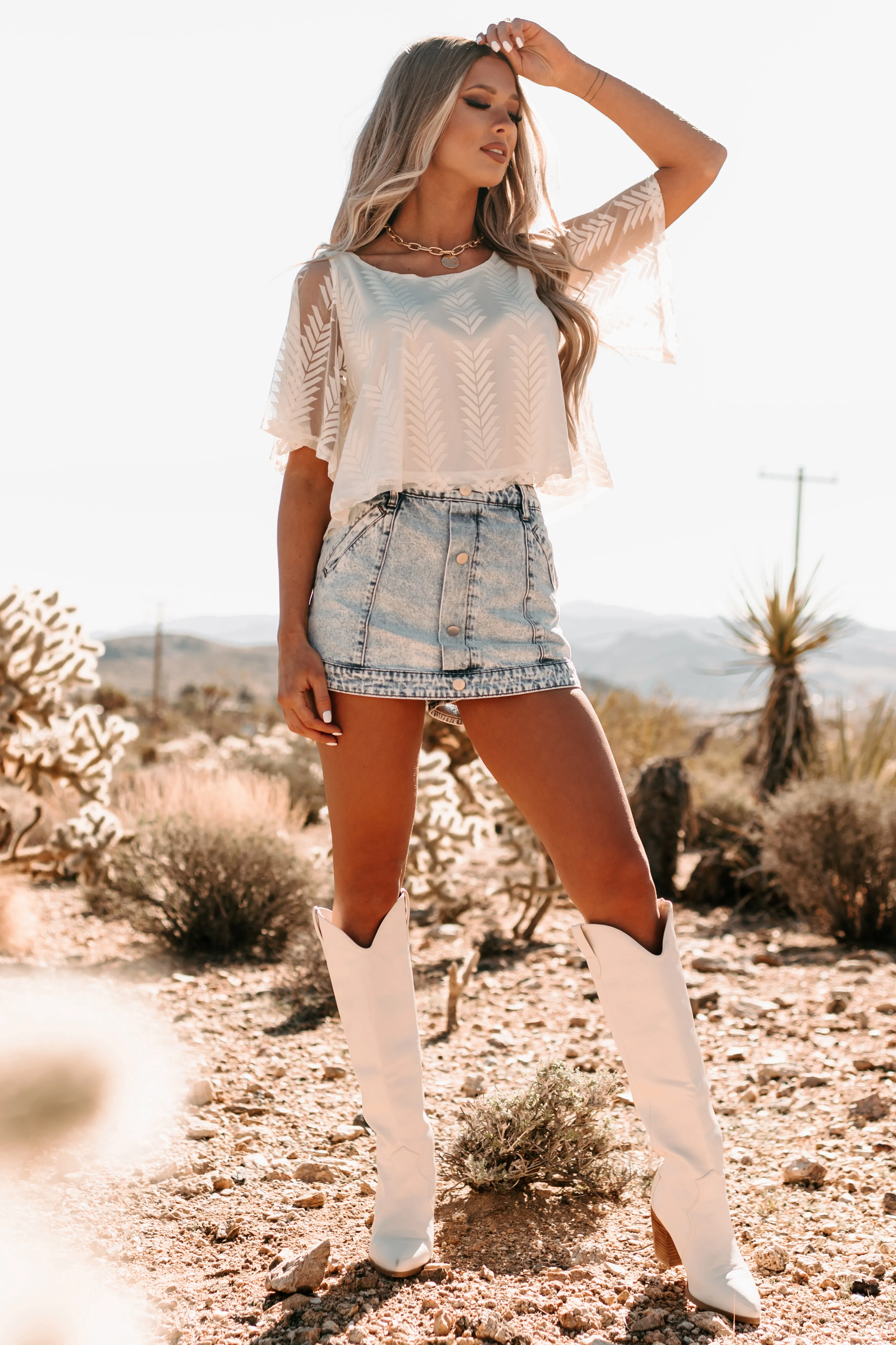 Alexia Patterned Mesh Short Sleeve Crop Top (Cream)