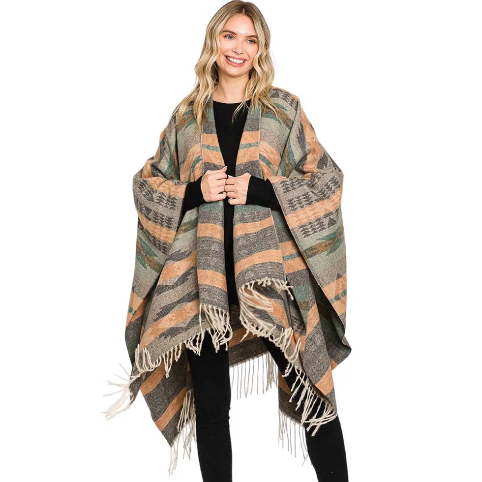 Aztec Patterned Fringe Ruana Poncho