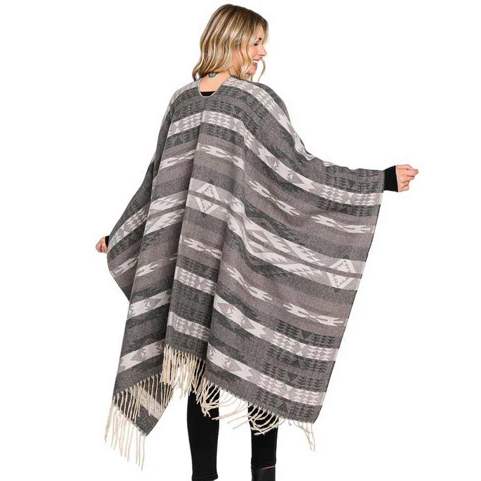 Aztec Patterned Fringe Ruana Poncho