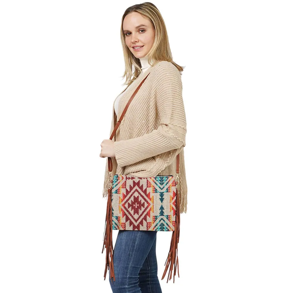 Aztec Patterned Tassel Wristlet Clutch Crossbody Bag