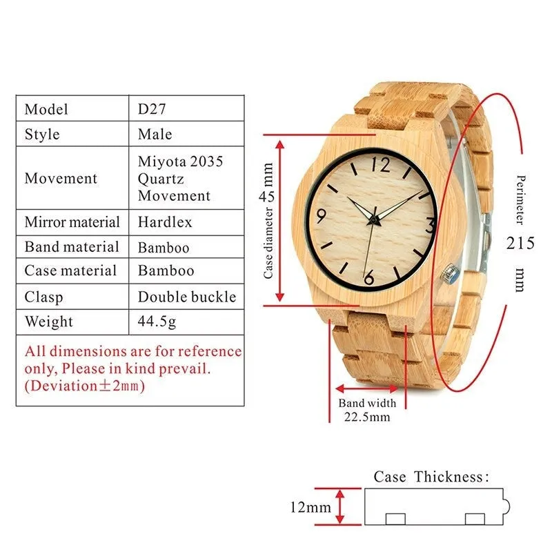 Bamboo Wooden Luxury QuartzWatch for Men with Unique Lug Design