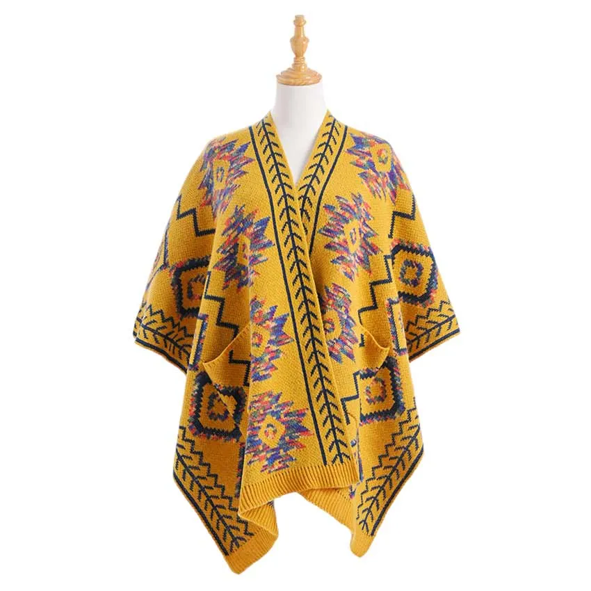 Beautiful Boho Patterned Front Pockets Poncho