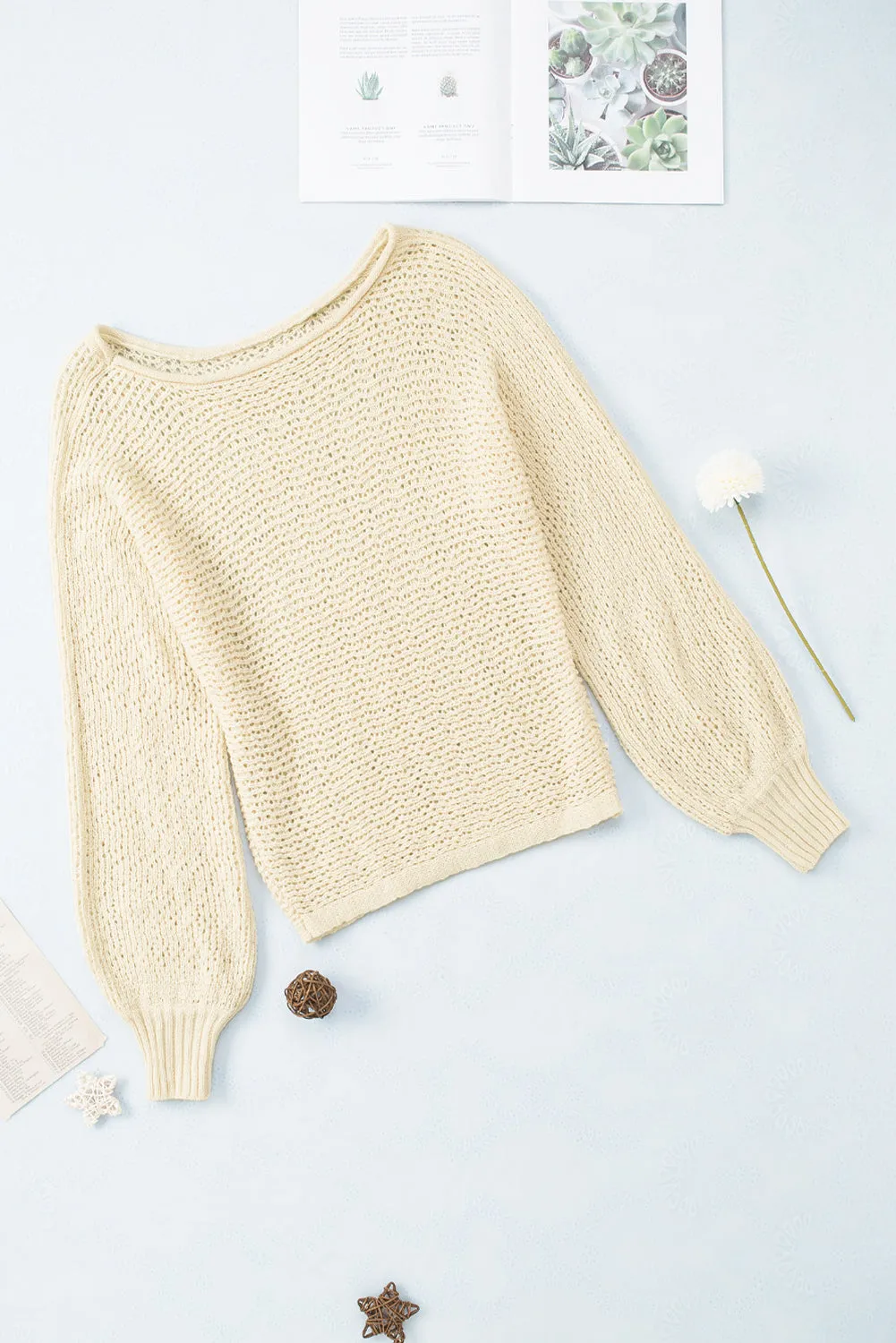 Beige Sheer Openwork Knit Sweater Top