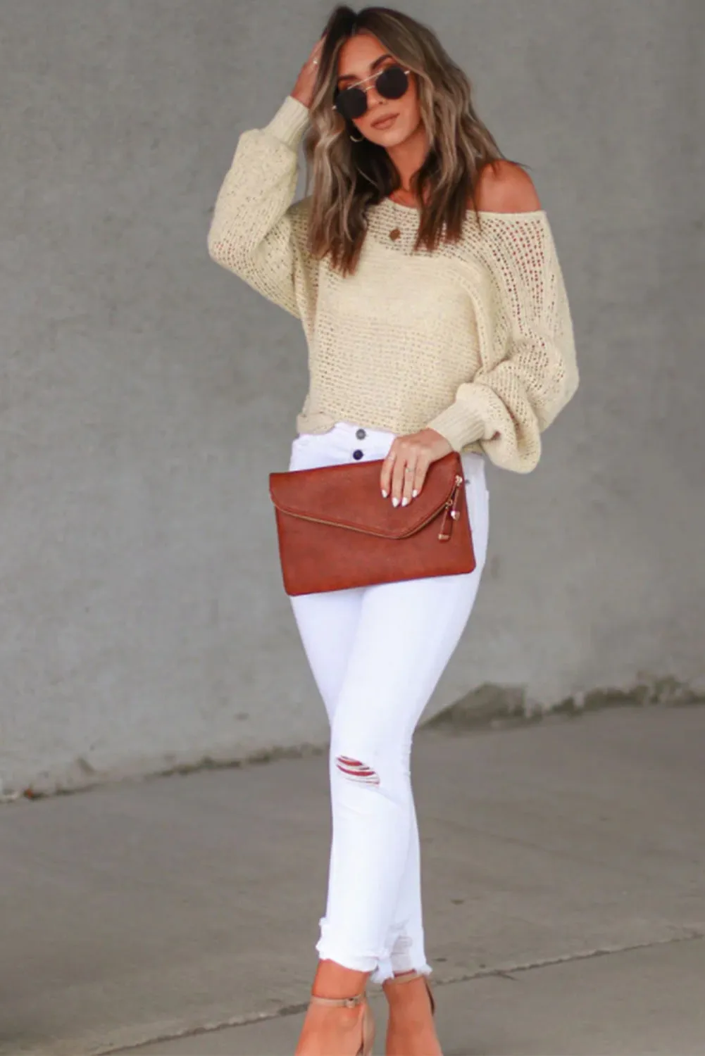 Beige Sheer Openwork Knit Sweater Top