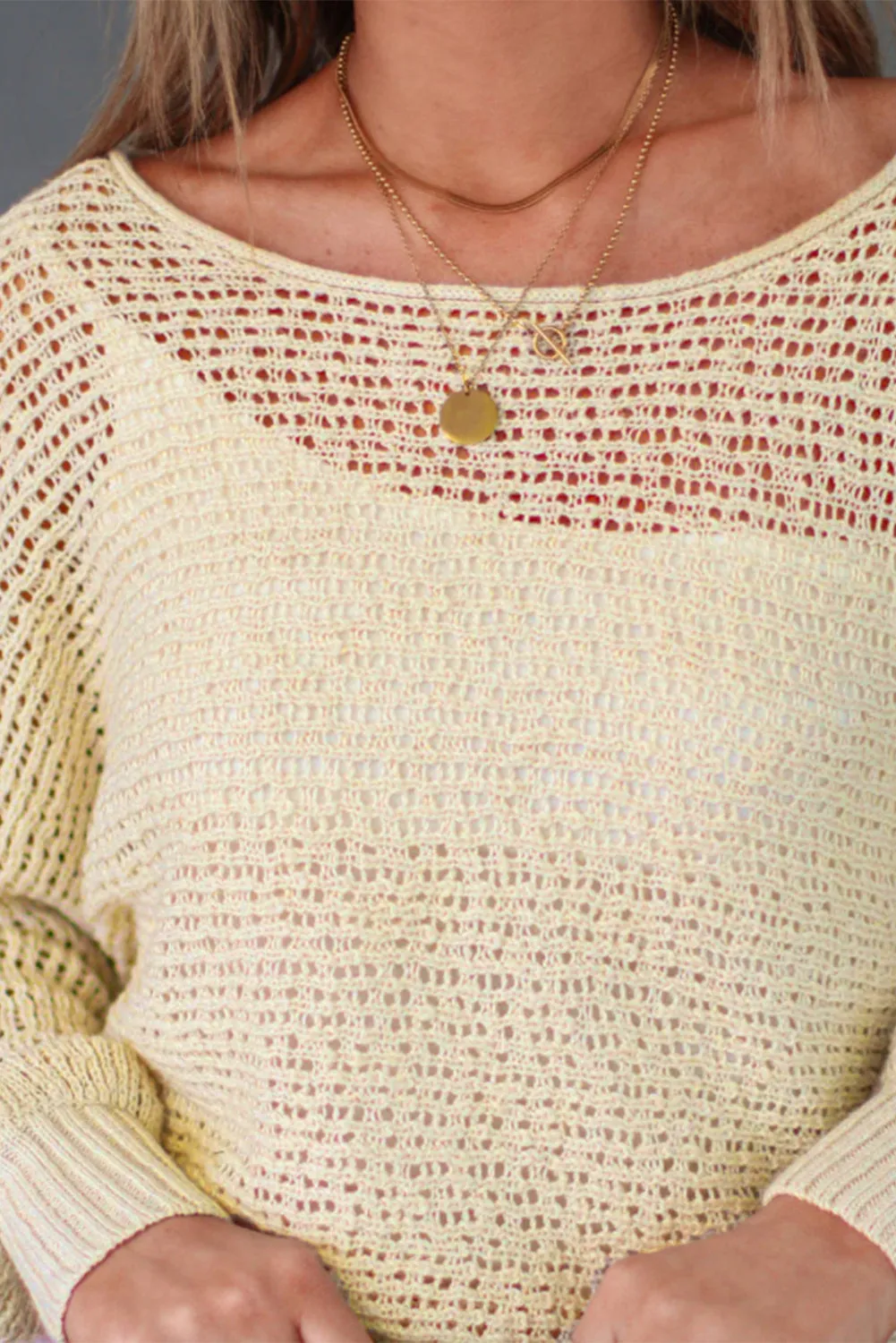 Beige Sheer Openwork Knit Sweater Top