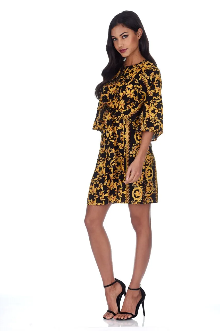 Black And Gold Patterned Shift Dress With Flared Sleeves