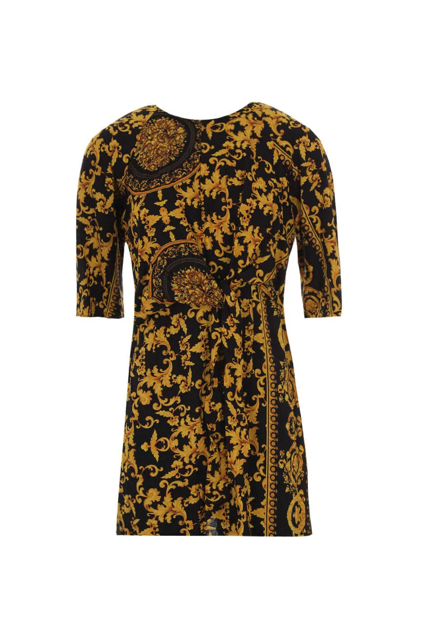 Black And Gold Patterned Shift Dress With Flared Sleeves