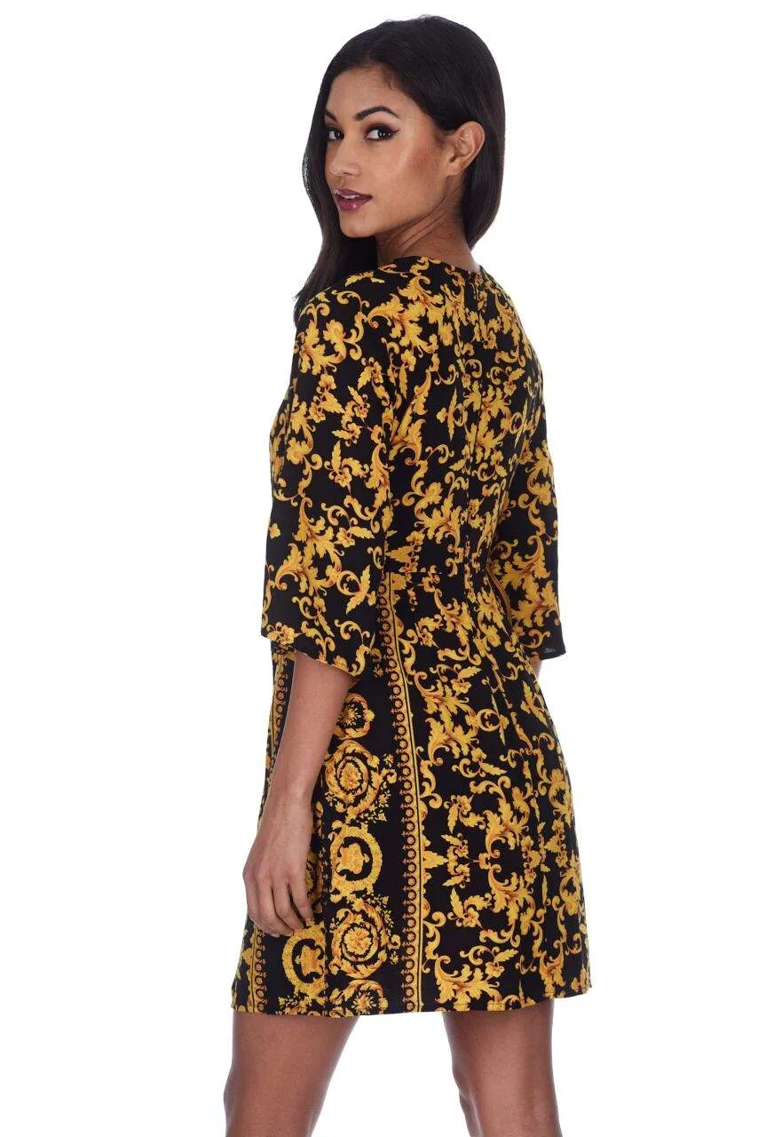 Black And Gold Patterned Shift Dress With Flared Sleeves