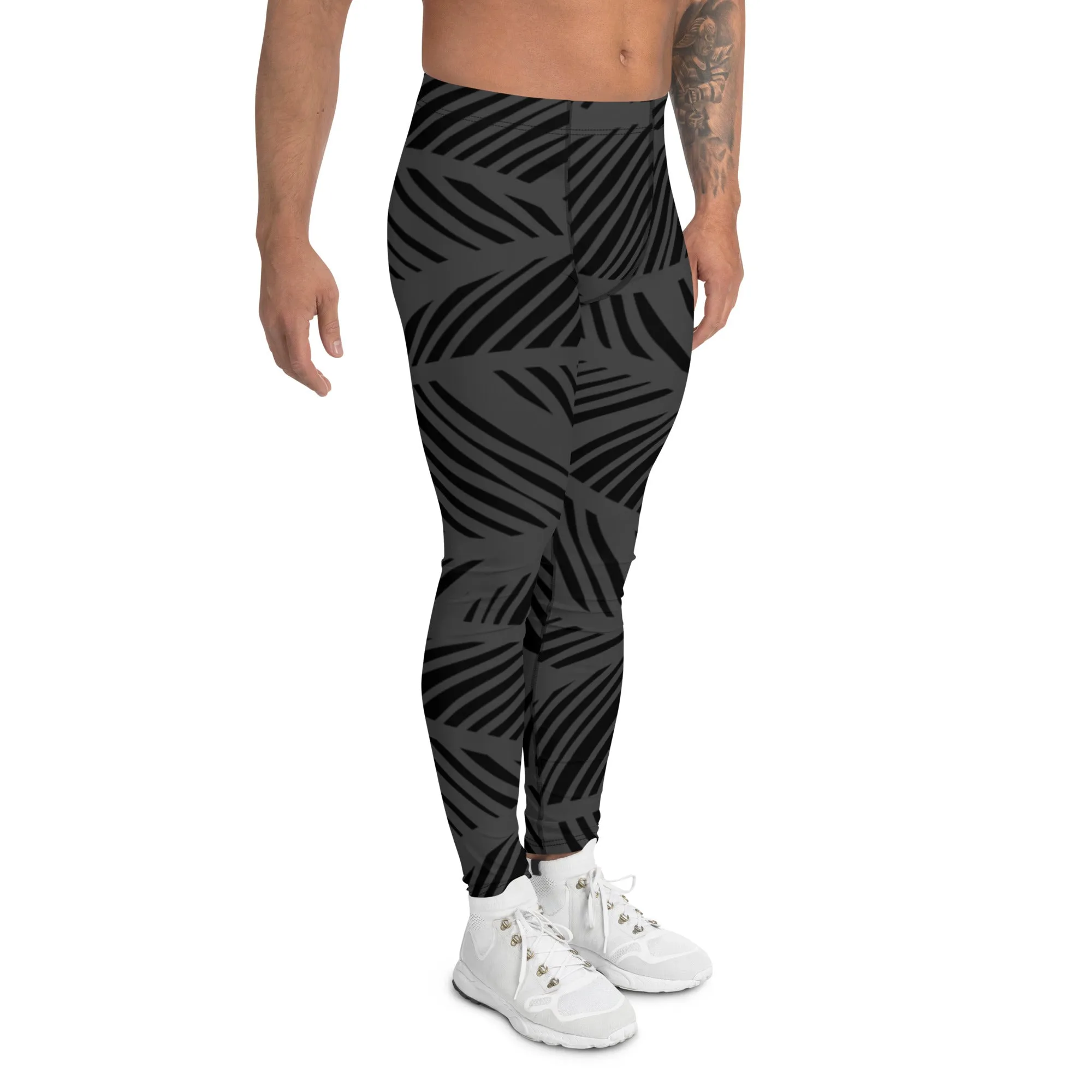 Black Grey Abstract Men's Leggings, Black and Grey Abstract Patterned Meggings Running Tights For Men-Made in USA/EU/MX