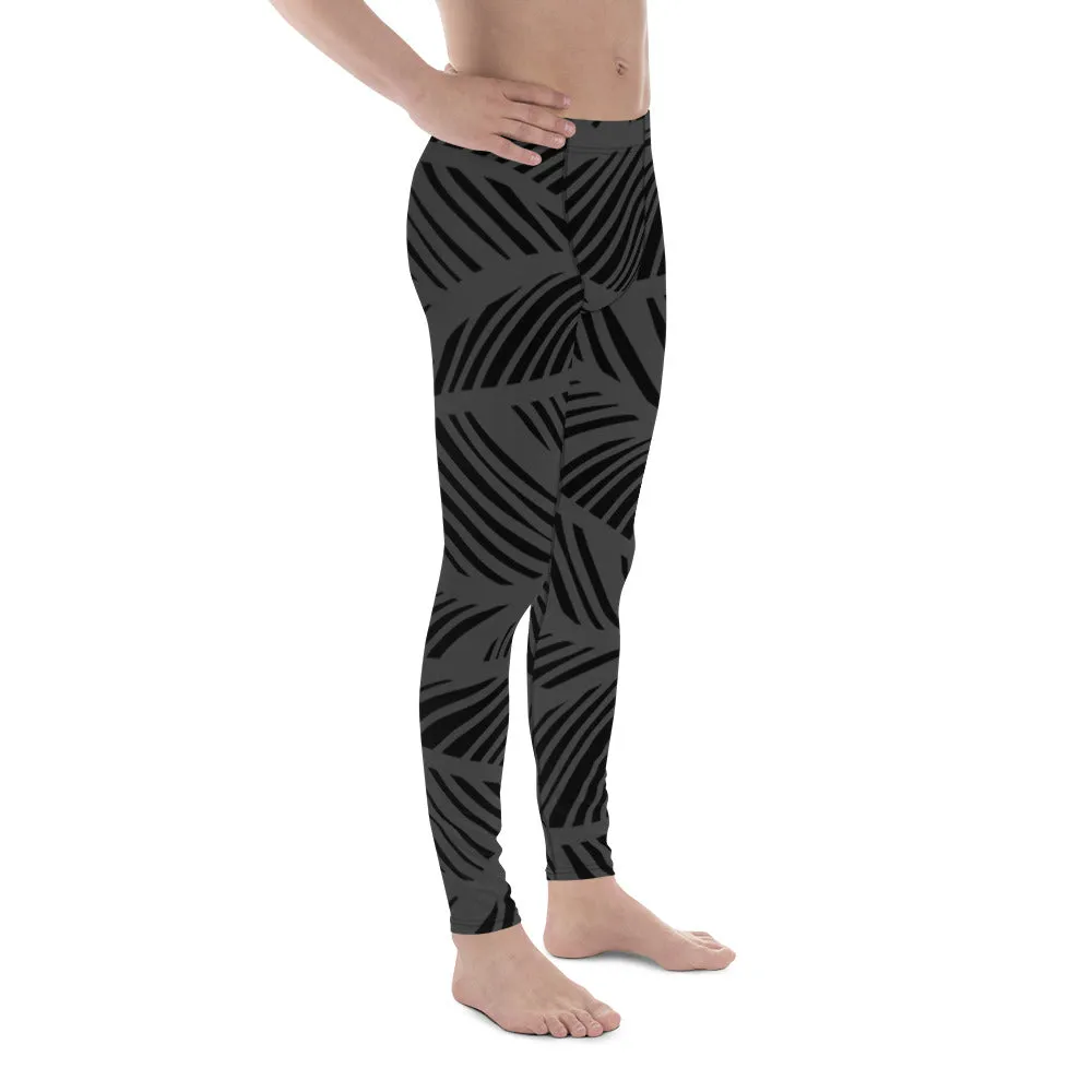 Black Grey Abstract Men's Leggings, Black and Grey Abstract Patterned Meggings Running Tights For Men-Made in USA/EU/MX