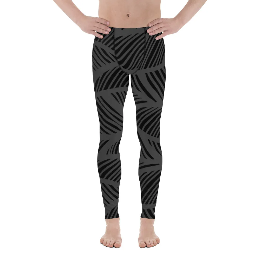 Black Grey Abstract Men's Leggings, Black and Grey Abstract Patterned Meggings Running Tights For Men-Made in USA/EU/MX