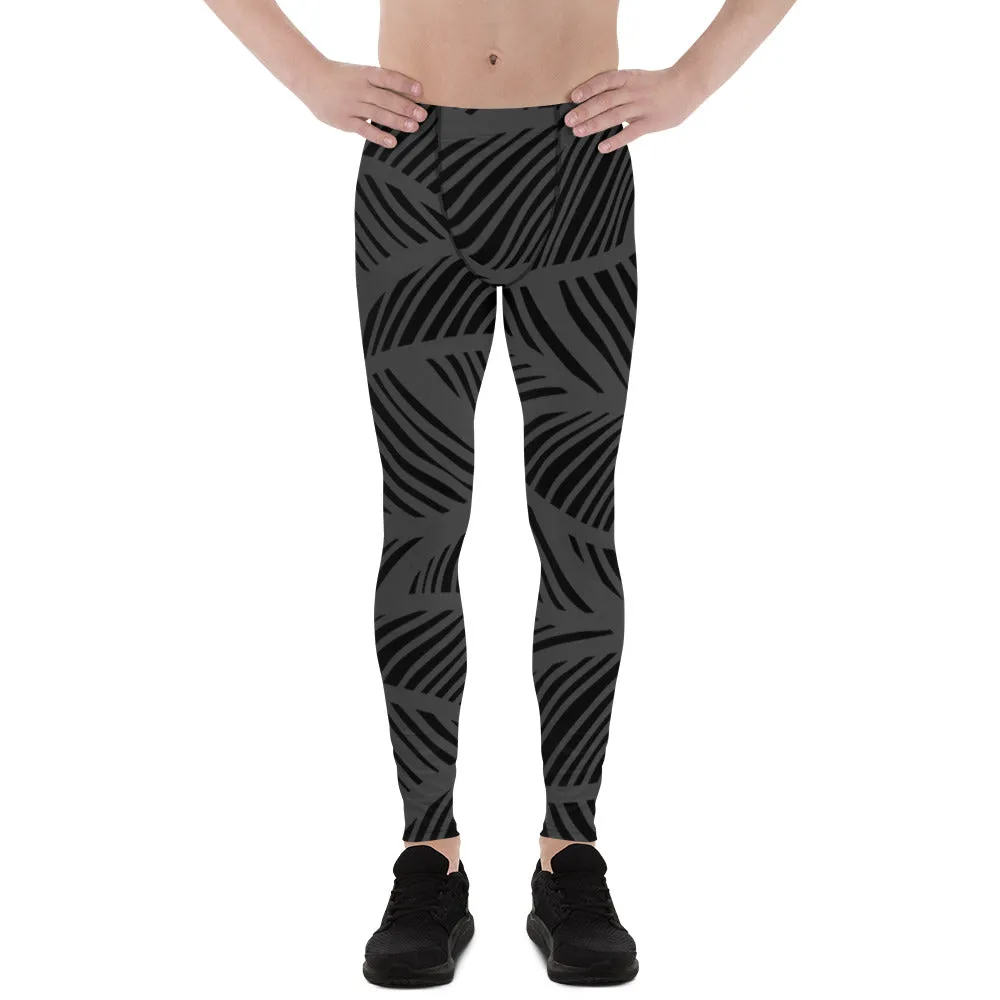 Black Grey Abstract Men's Leggings, Black and Grey Abstract Patterned Meggings Running Tights For Men-Made in USA/EU/MX