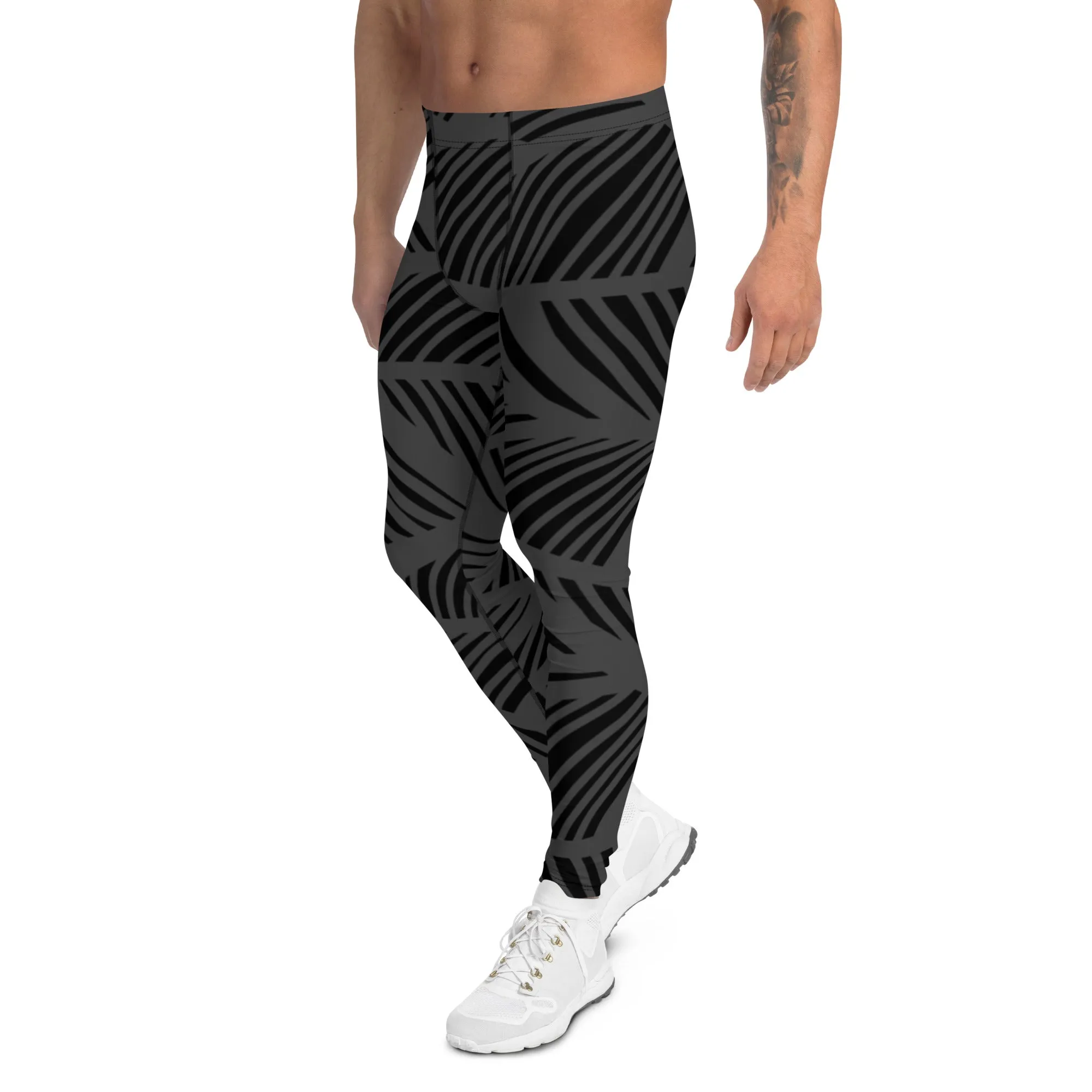 Black Grey Abstract Men's Leggings, Black and Grey Abstract Patterned Meggings Running Tights For Men-Made in USA/EU/MX