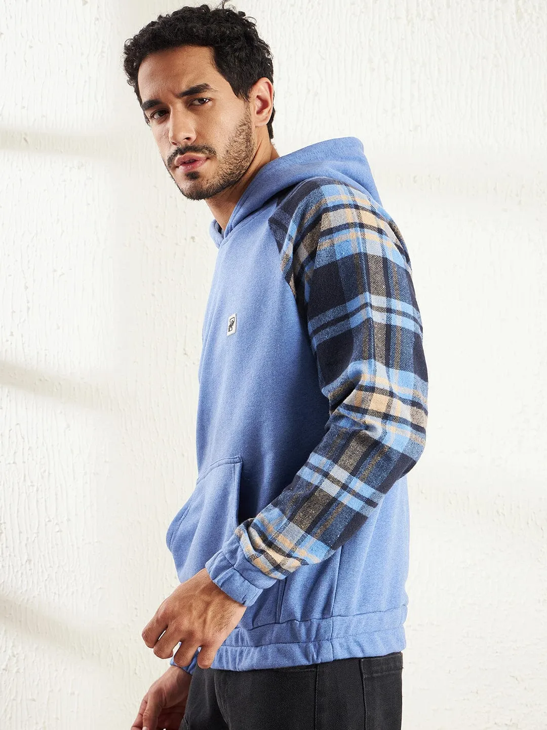 Blue Melange Plaid Raglan Hoodie