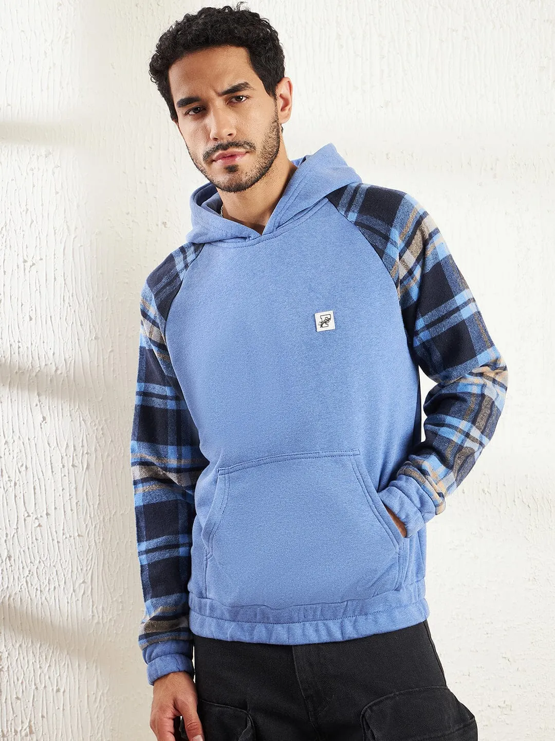 Blue Melange Plaid Raglan Hoodie