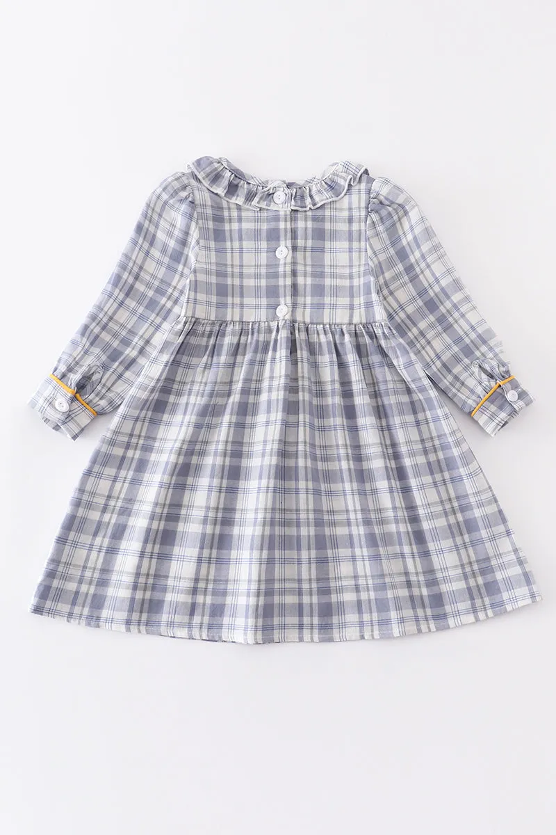 Blue plaid sunflower smocked ruffle dress