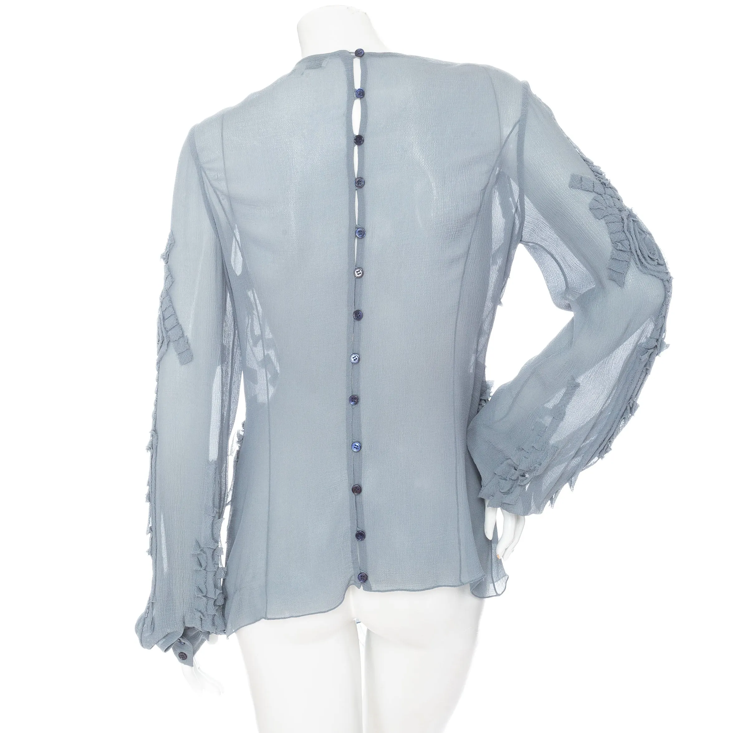 Blue Semi Sheer Rosette Rhinestone and Feather-Embellished Blouse