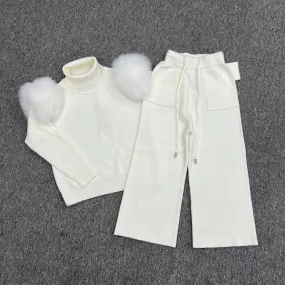 Childrens Cream Luxury Fur Roll Neck Wide Leg Tracksuit