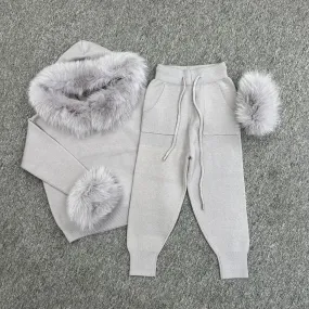 Childrens Light Grey Luxury Fur Trim Hood & Cuff Tracksuit