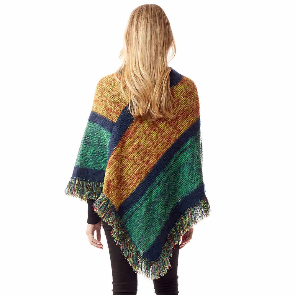 Colorful Vertical Stripe Patterned Poncho with Fringe