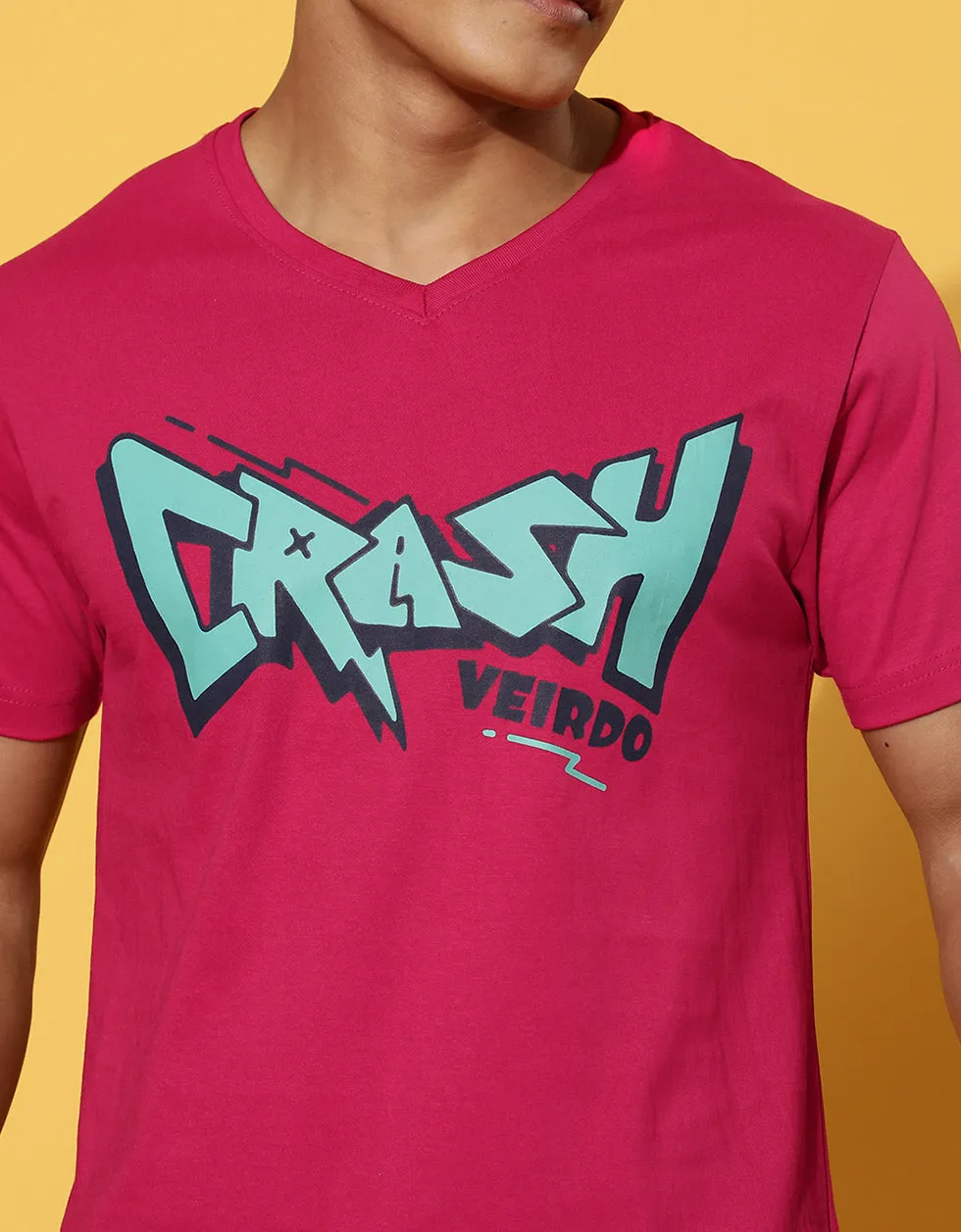 Crash Viva Magenta Printed Chest Typographic Regular Printed Tshirt