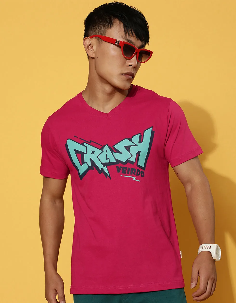 Crash Viva Magenta Printed Chest Typographic Regular Printed Tshirt