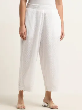 Diza White Self-Patterned High-Rise Cotton Ethnic Pants