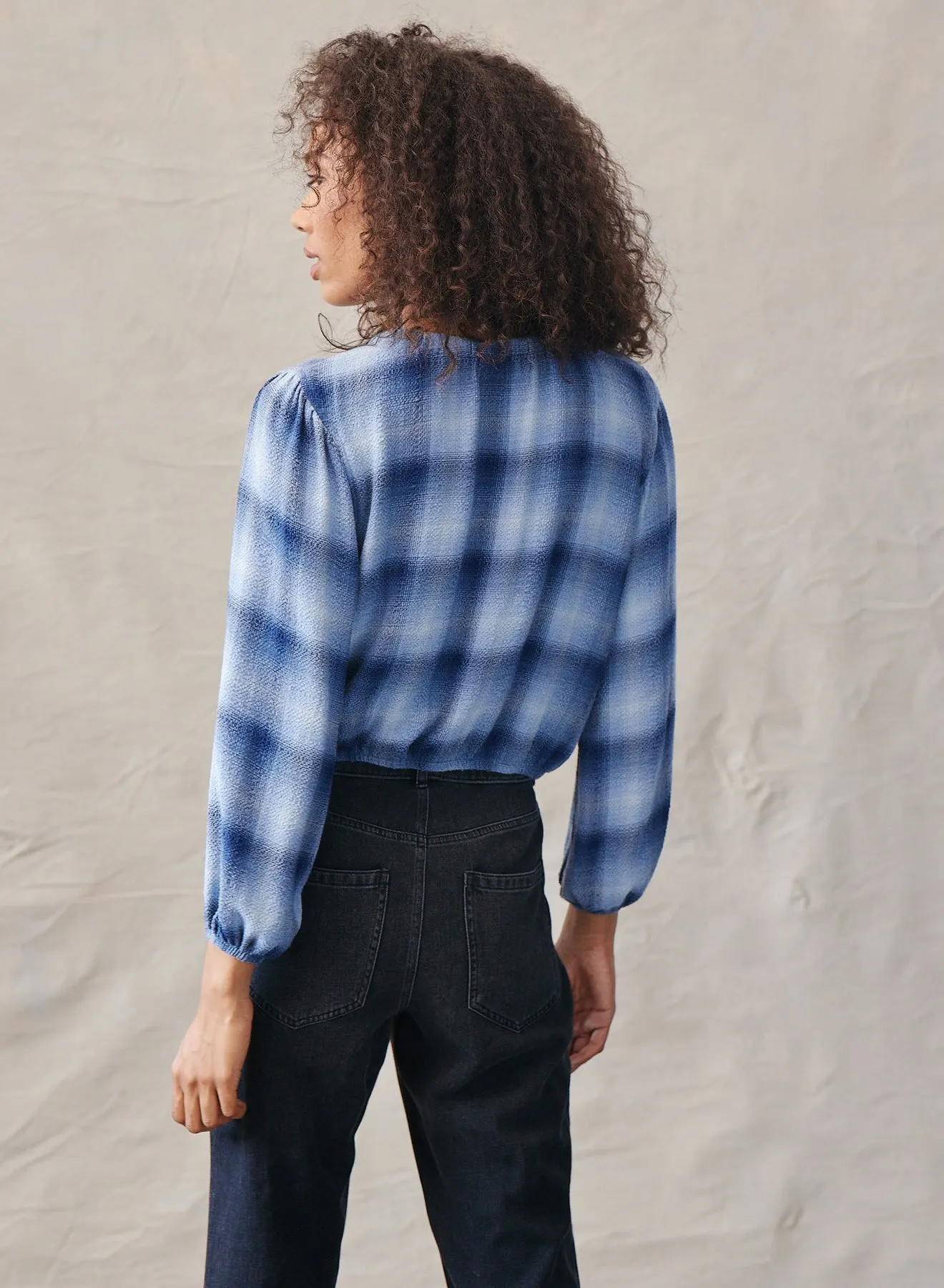 Elastic Shirred Top - Indigo Heather Plaid