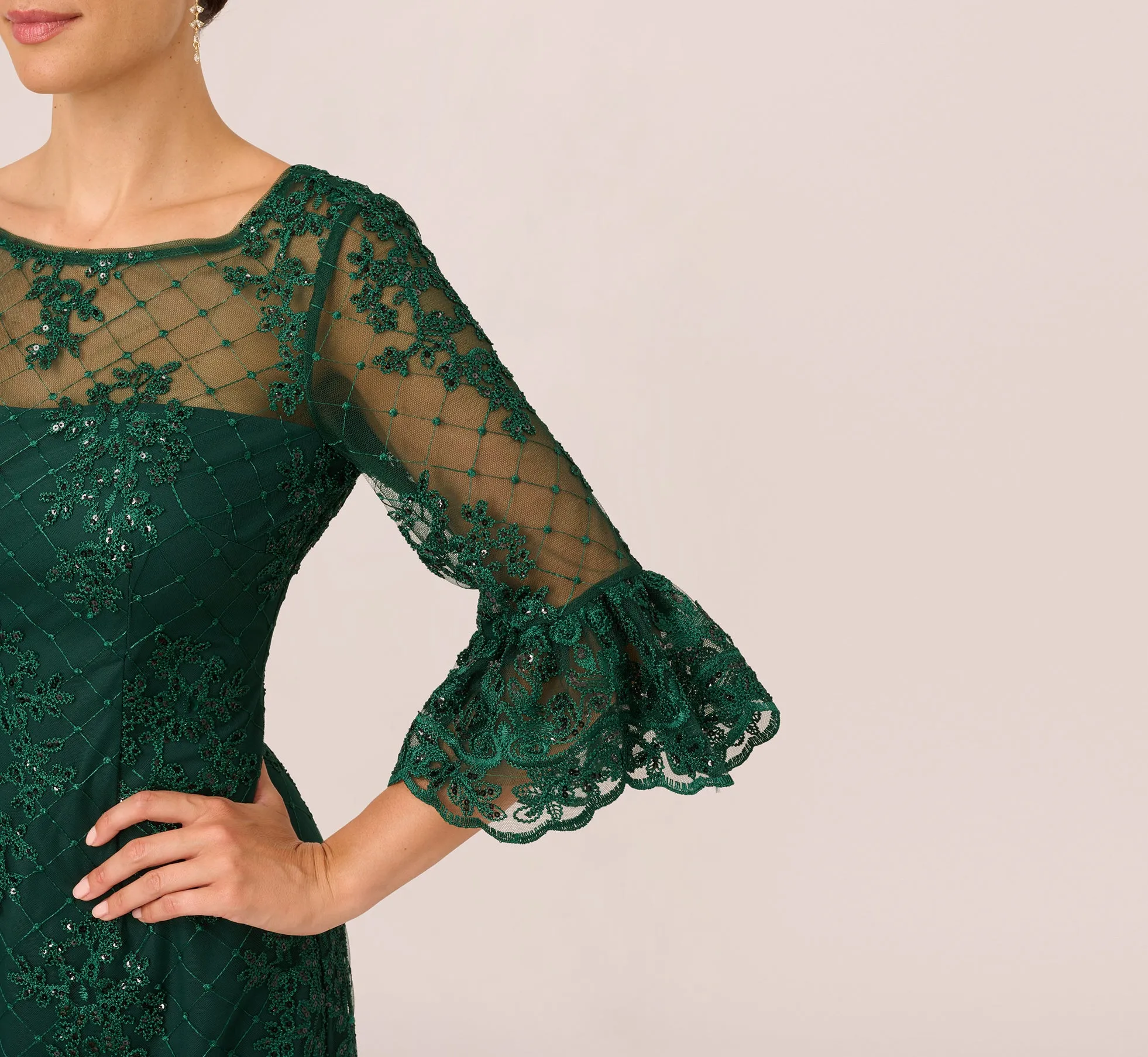 Embroidered Sequin Dress With Sheer Bell Sleeves In Deep Forest