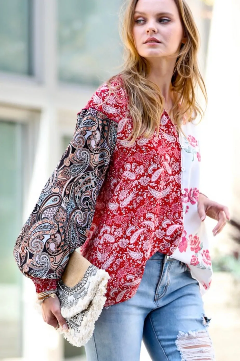 Floral printed eyelet blouse