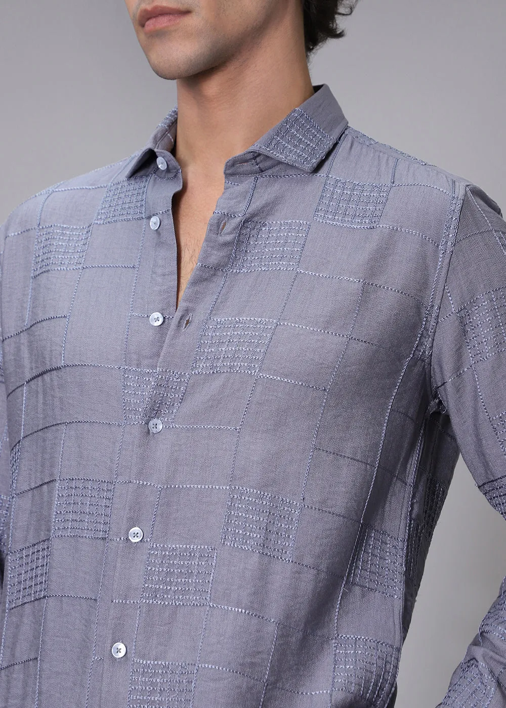 Glisten Grey Plaid Embroidery Shirt