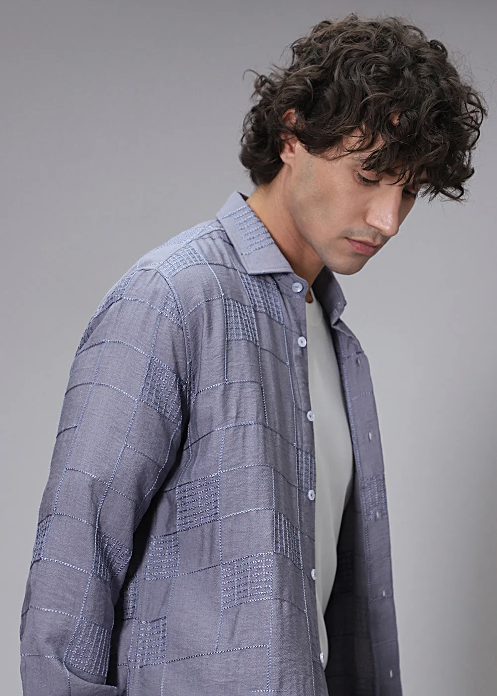 Glisten Grey Plaid Embroidery Shirt