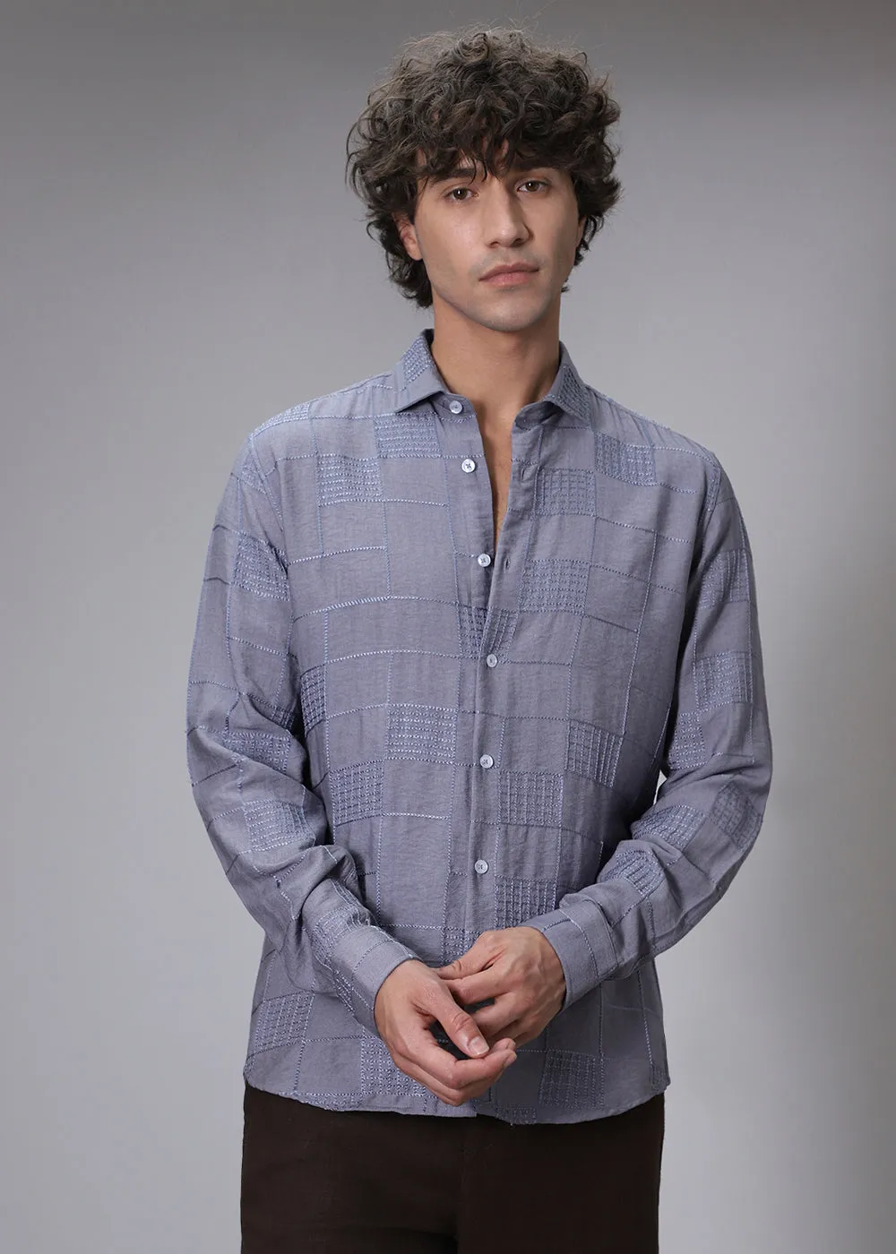 Glisten Grey Plaid Embroidery Shirt