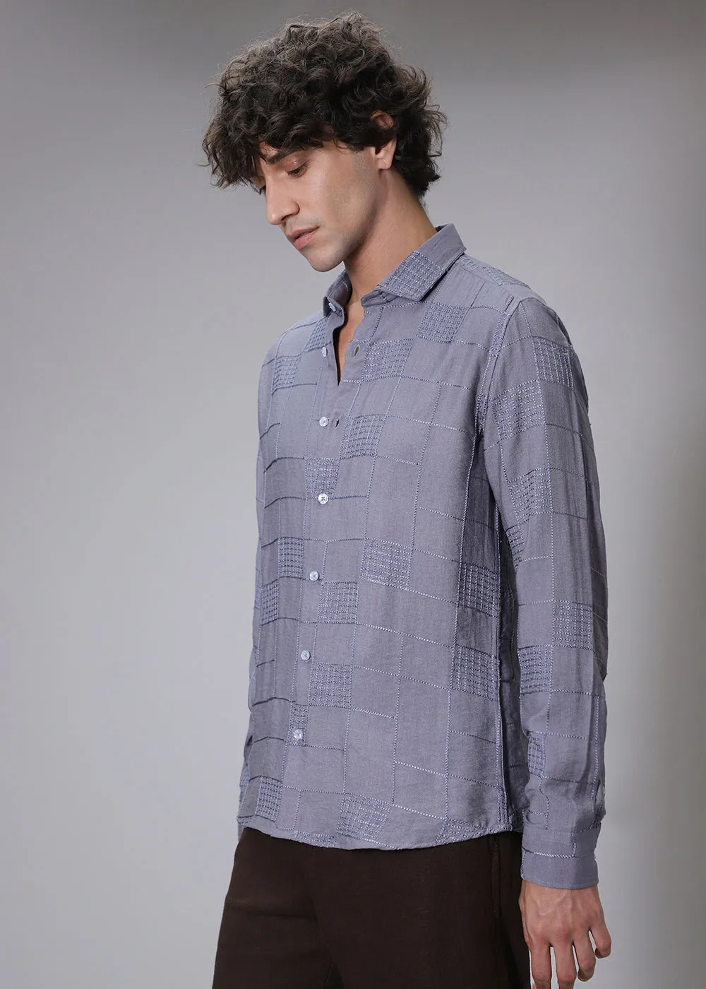 Glisten Grey Plaid Embroidery Shirt