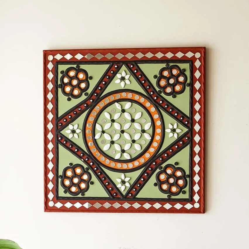 Green Patterned Handcrafted Mud & Mirror Wall Art