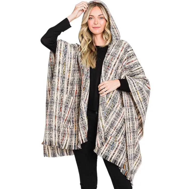 Hooded Plaid Check Patterned Front Pockets Fringe Ruana Poncho