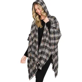 Hooded Plaid Check Patterned Front Pockets Fringe Ruana Poncho