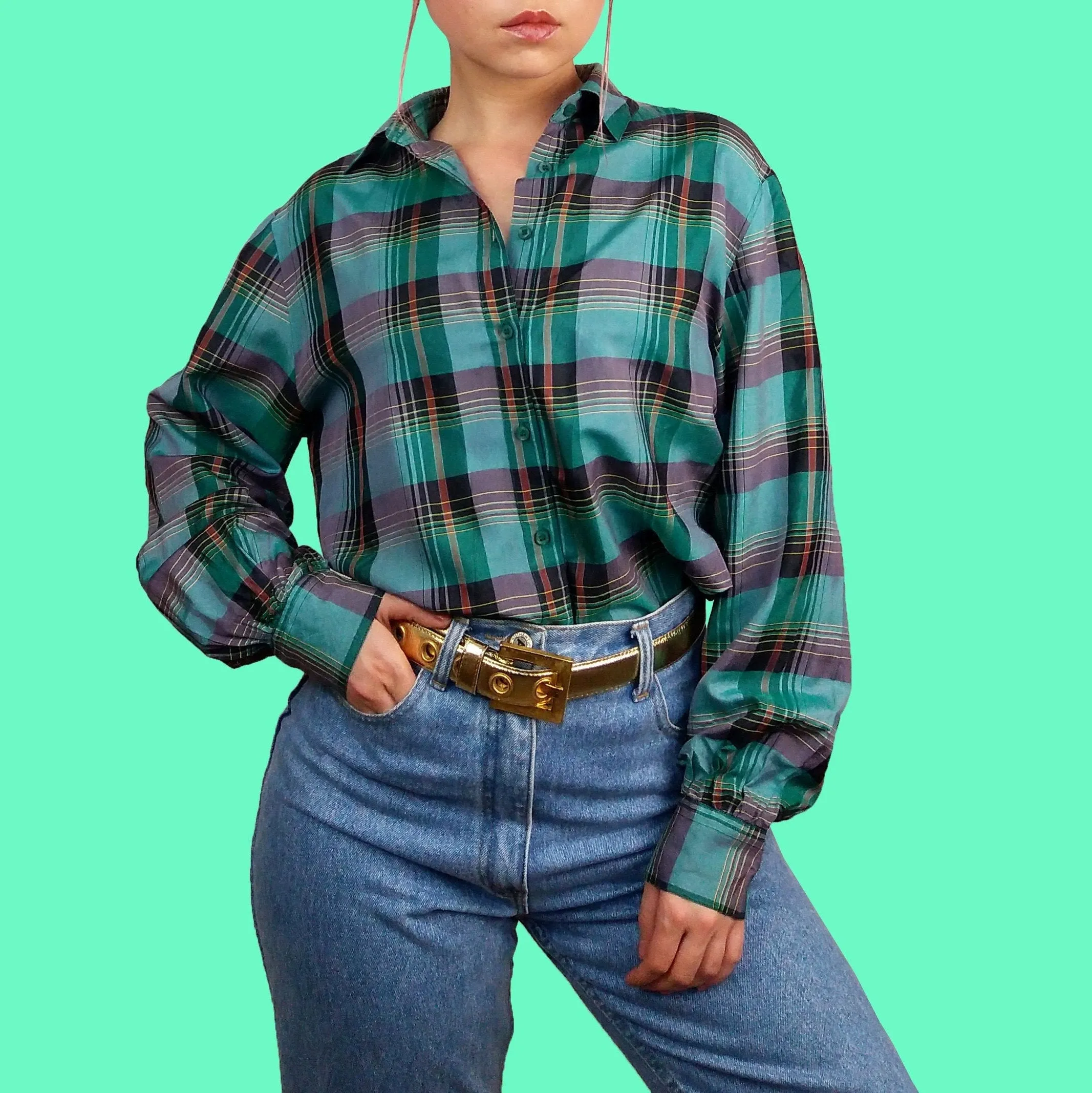 KURT KELLERMANN Plaid Pattern Silk Blouse